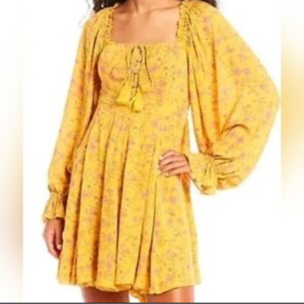 NEW Chelsea & Violet Butterscotch Yellow Floral Long Bubble Sleeve Boho Dress M